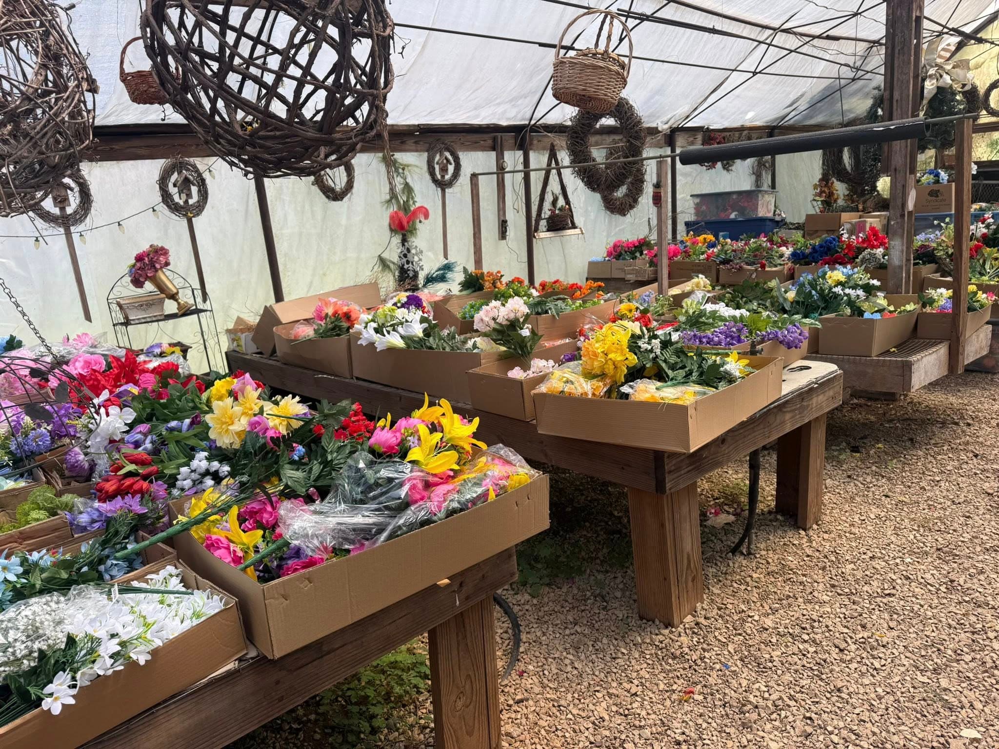Flower shop greenhouse with colorful arrangements