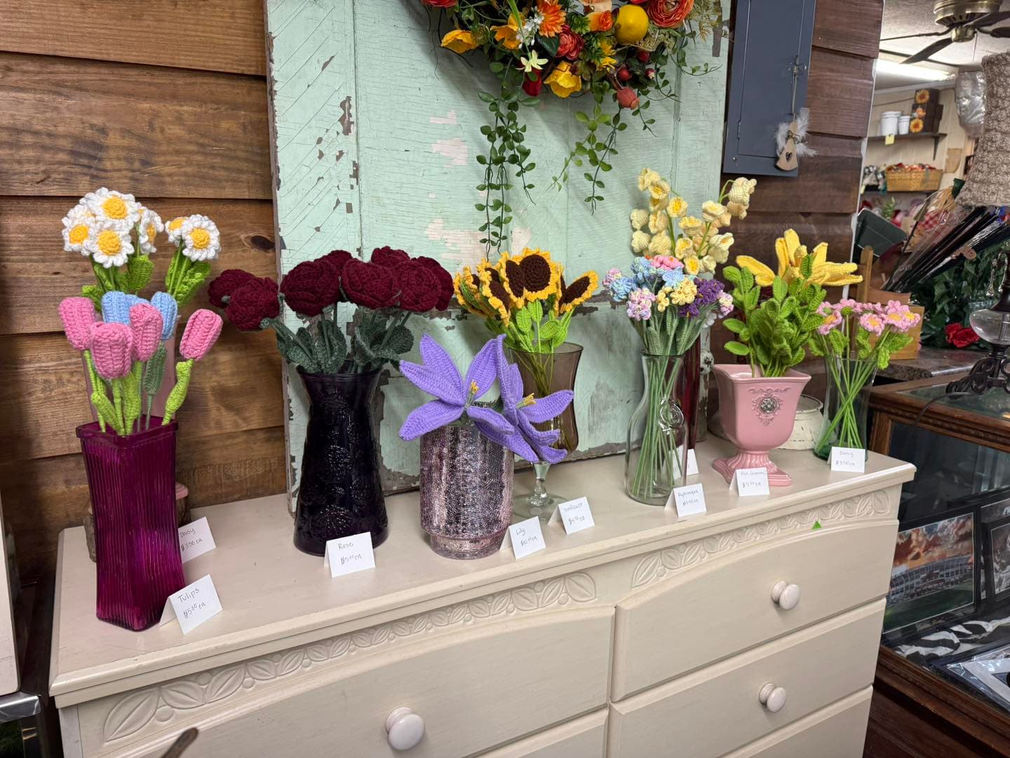 Handcrafted crochet flower arrangements