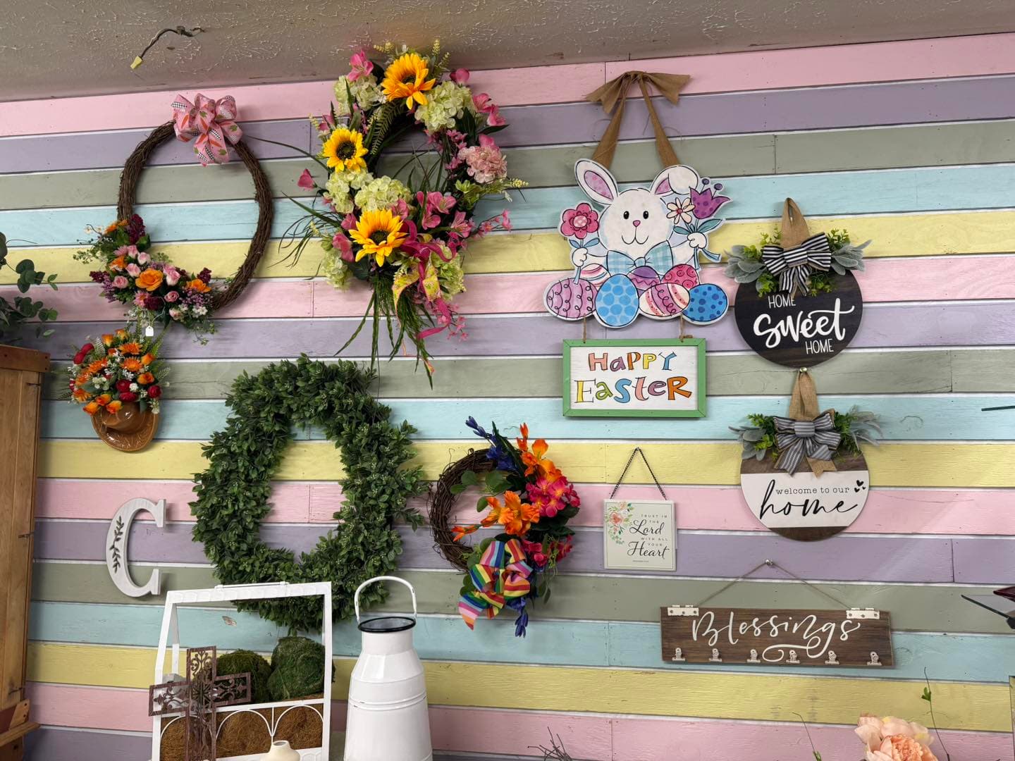 Wreaths and gifts displayed in the shop